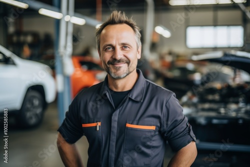 Smiling portrait of a middle aged Caucasian car mechanic in workshop