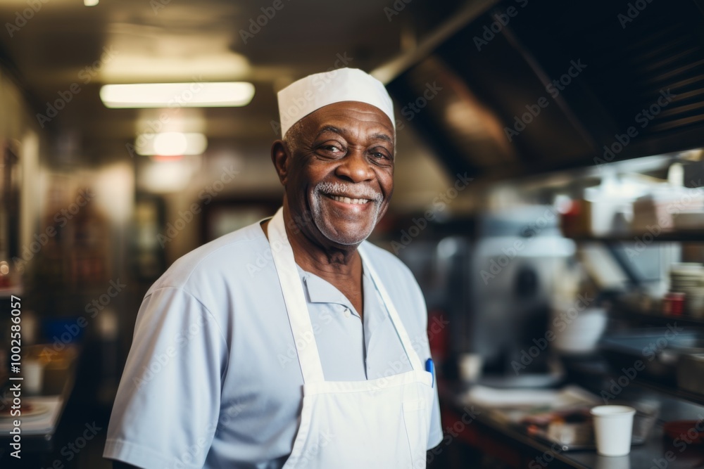 Smiling portrait of a senior male chef in professional kitchen Smiling portrait of a senior male chef in professional kitchen