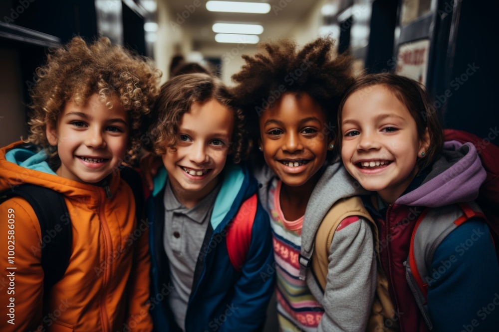 Portrait of a smiling group of young students kids in school hallway Portrait of a smiling group of young students kids in school hallway