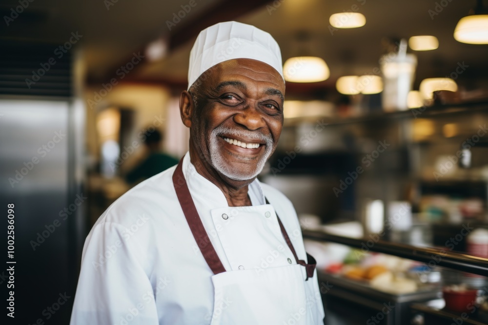 Smiling portrait of a senior male chef in professional kitchen Smiling portrait of a senior male chef in professional kitchen