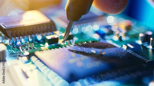 Close-up of an engineer soldering a circuit board on an electronic microchip