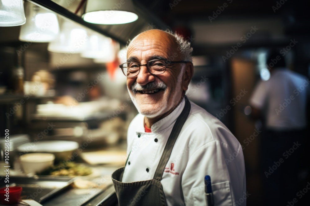Fototapeta premium Smiling portrait of a senior male chef in professional kitchen