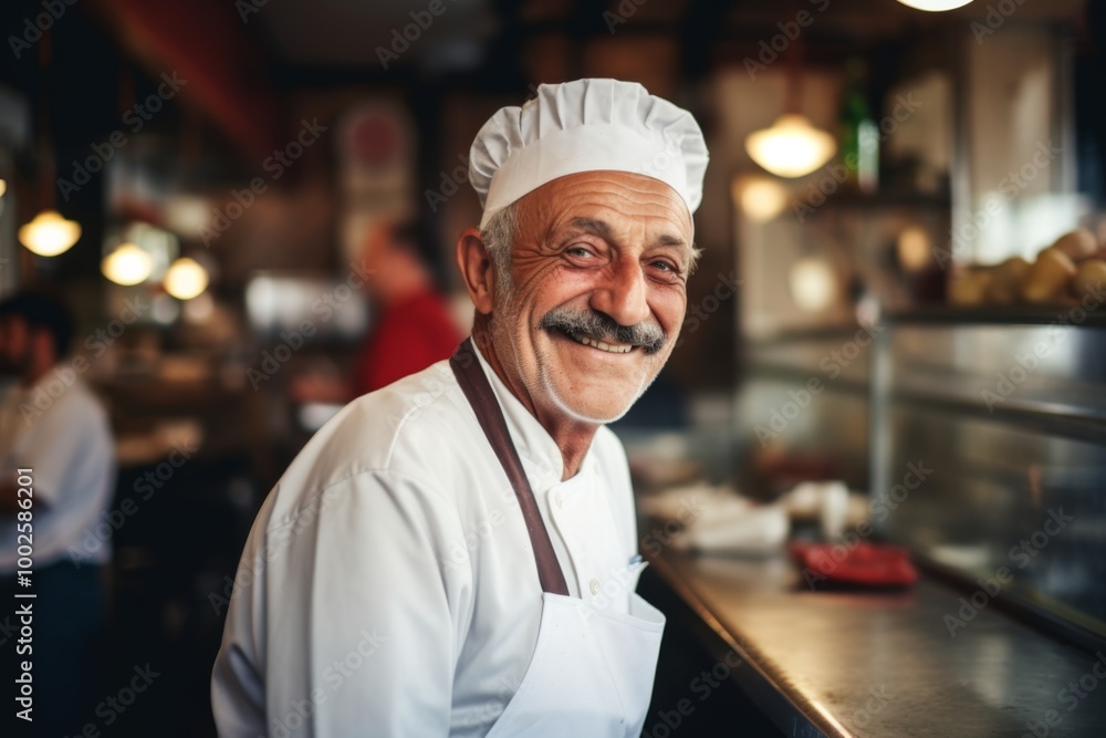 Smiling portrait of a senior male chef in professional kitchen