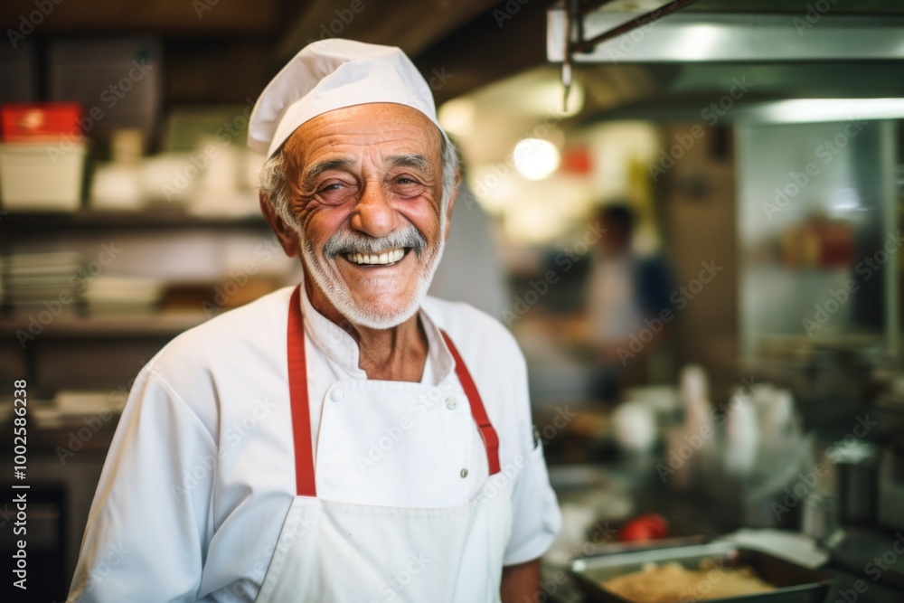 Smiling portrait of a senior male chef in professional kitchen Smiling portrait of a senior male chef in professional kitchen