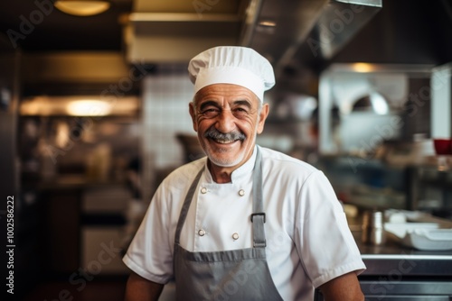 Smiling portrait of a senior male chef in professional kitchen