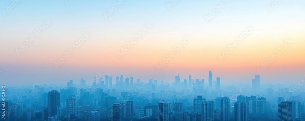 Fototapeta premium Smog-filled sky gradually transforming into a clear blue as renewable energy sources emerge on the horizon, air pollution, pollution control and green energy transition