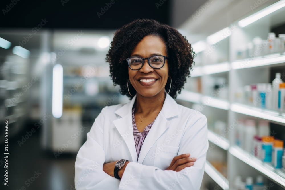 Smiling portrait of a middle aged African American female pharmacist in pharmacy Smiling portrait of a middle aged African American female pharmacist in pharmacy