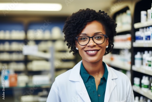 Smiling portrait of a middle aged African American female pharmacist in pharmacy