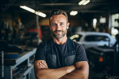 Smiling portrait of a middle aged Caucasian car mechanic in workshop