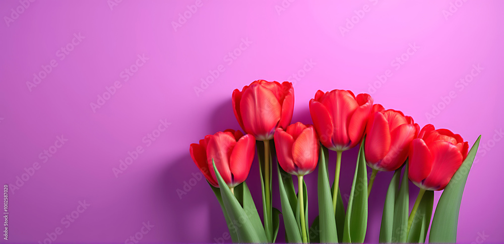 A bunch of vibrant red tulips placed against a bold pink background, with ample copy space for design or text elements... A bunch of vibrant red tulips placed against a bold pink background, with ample copy space for design or text elements...
