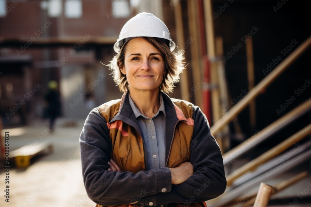 Smiling portrait of a middle aged female architect on construction site Smiling portrait of a middle aged female architect on construction site