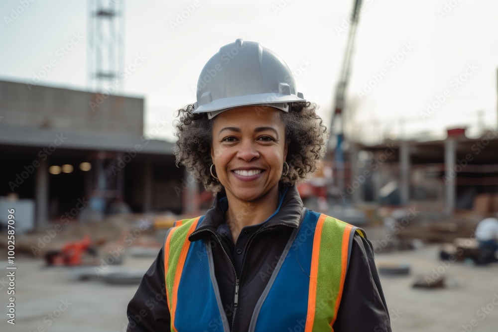 Smiling portrait of a middle aged female architect on construction site Smiling portrait of a middle aged female architect on construction site