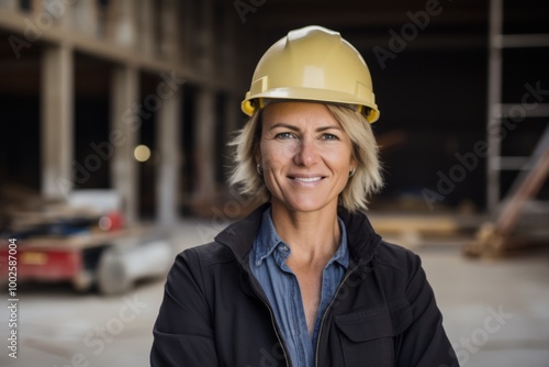 Smiling portrait of a middle aged female architect on construction site