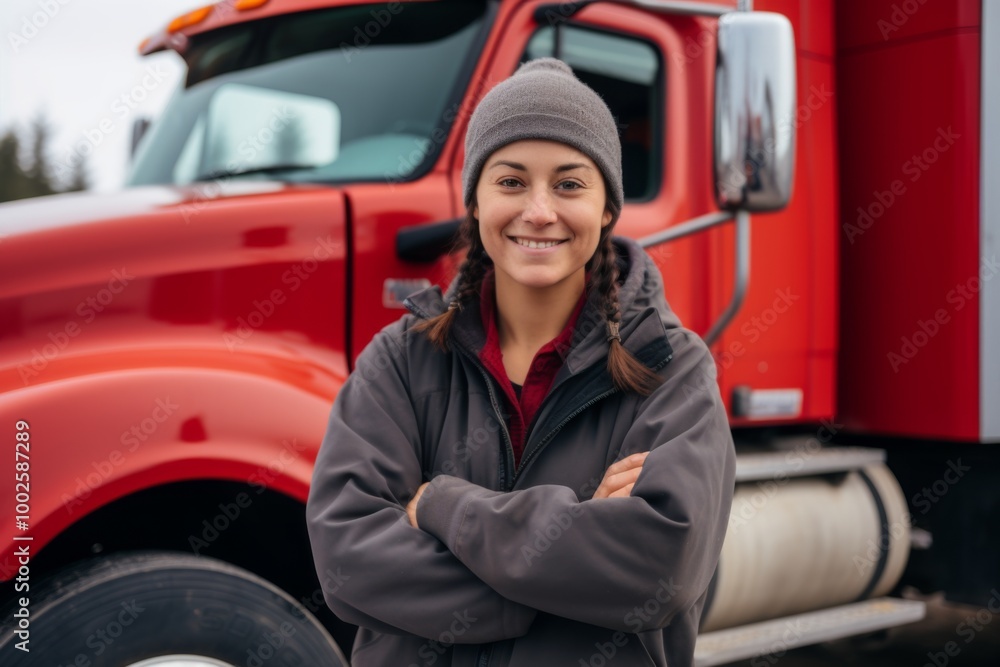 Smiling portrait of a middle aged Caucasian female truck driver Smiling portrait of a middle aged Caucasian female truck driver
