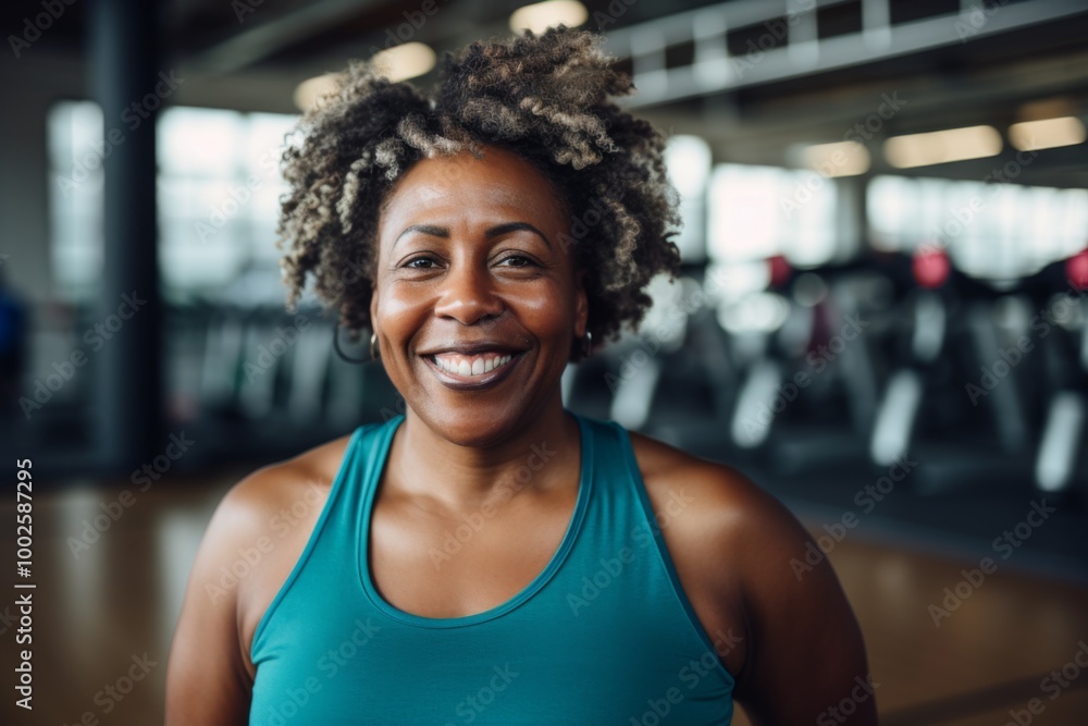 Fototapeta premium Smiling portrait of a slightly overweight African American woman in gym
