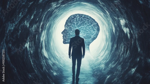 Back view of thoughtful young european business man walking inside abstract human head outline tunnel, Brainstorm and creativity concept