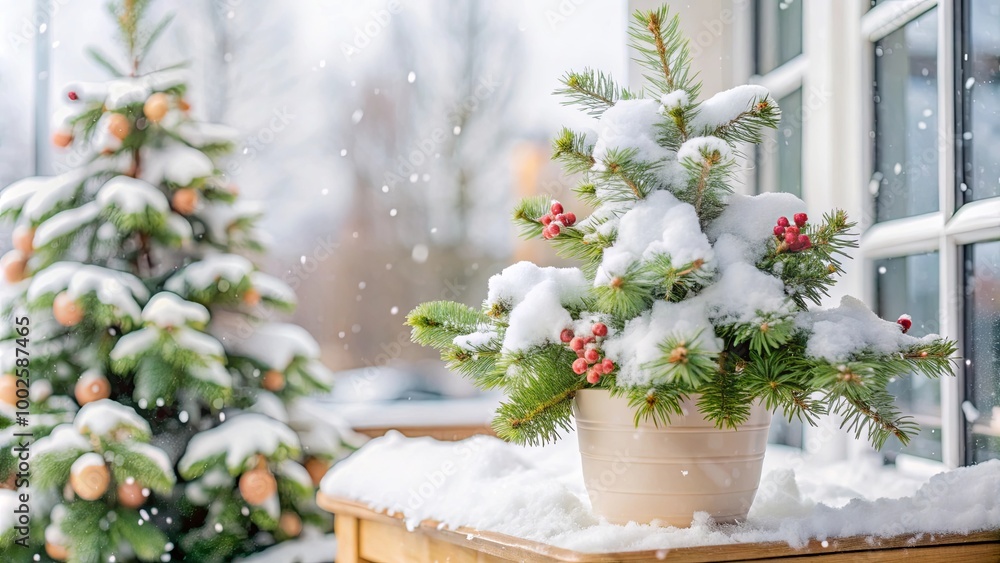 A festive small Christmas tree covered in snow with red berries and decorations on a porch. Perfect for holiday-related content such as Christmas, New Year's, and winter home decor ideas... A festive small Christmas tree covered in snow with red berries and decorations on a porch. Perfect for holiday-related content such as Christmas, New Year's, and winter home decor ideas...
