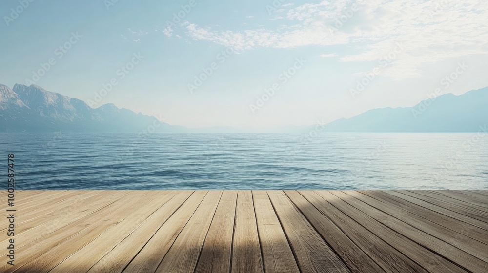 Fototapeta premium Perspective from a wooden deck with no railings, looking out over an infinite ocean