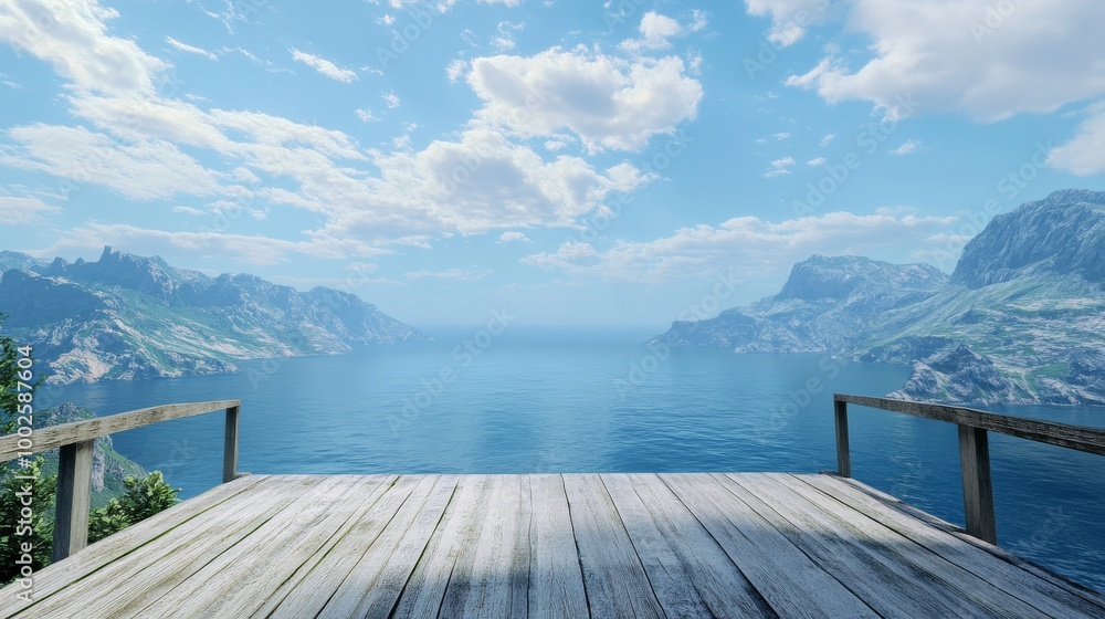 Naklejka premium Perspective from a wooden viewing platform, with the ocean stretching infinitely ahead