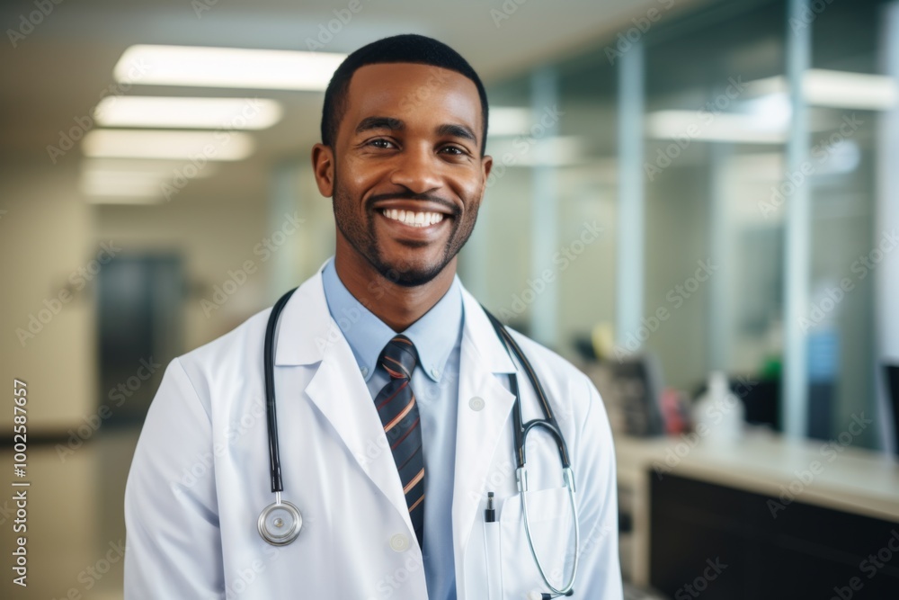 Smiling portrait of a middle aged African American male doctor in hospital Smiling portrait of a middle aged African American male doctor in hospital