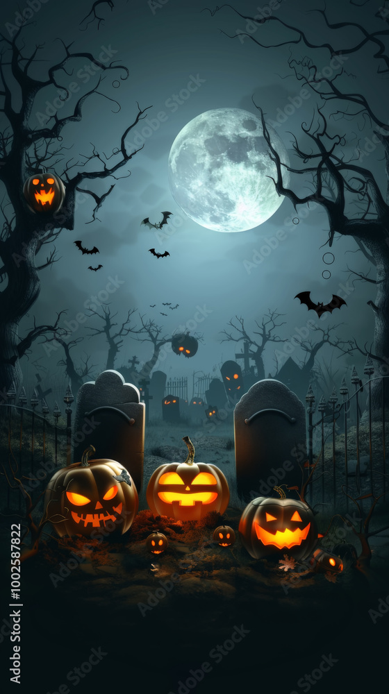 Fototapeta premium Haunted Graveyard with Jack-o'-Lanterns and Full Moon