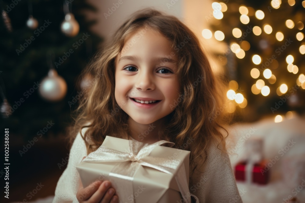 Smiling portrait of a young Caucasian girl holding Christmas present Smiling portrait of a young Caucasian girl holding Christmas present