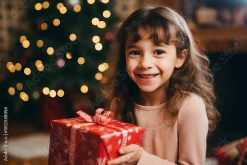 Smiling portrait of a young Caucasian girl holding Christmas present