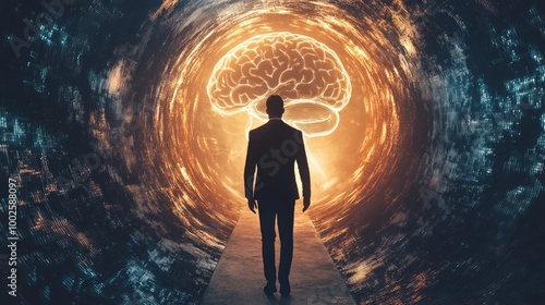 Back view of thoughtful young european business man walking inside abstract human head outline tunnel, Brainstorm and creativity concept