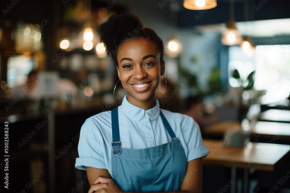 Obraz premium Smiling portrait of a young female African American waitress