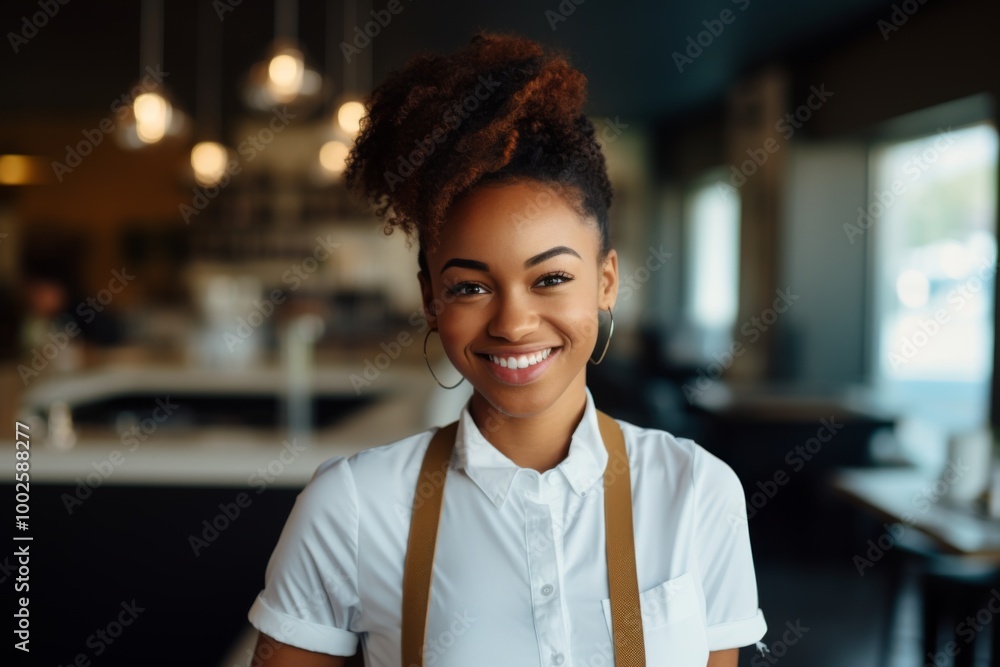 Smiling portrait of a young female African American waitress Smiling portrait of a young female African American waitress