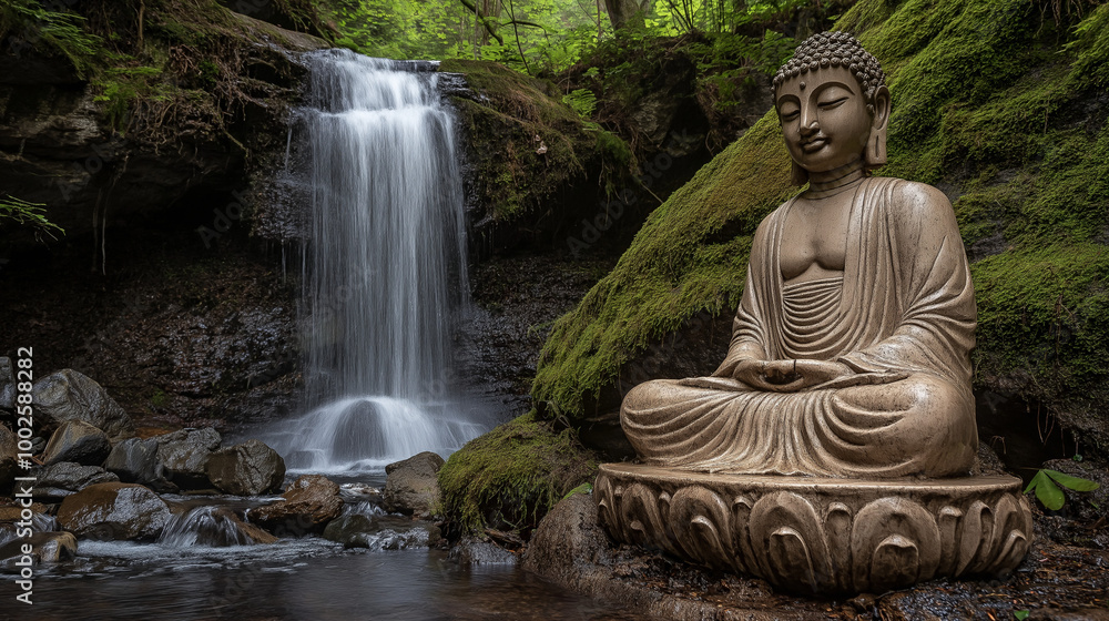 A serene forest setting with a Buddha statue placed near a waterfall. The statue, made of a light-colored material, is in a meditative pose with its hands resting on its lap. A serene forest setting with a Buddha statue placed near a waterfall. The statue, made of a light-colored material, is in a meditative pose with its hands resting on its lap.