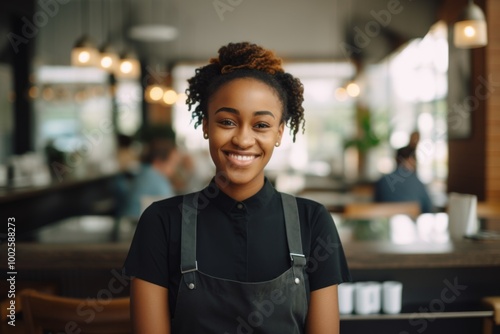 Smiling portrait of a young female African American waitress