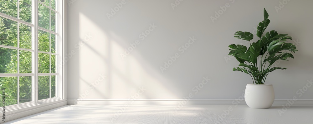 Minimalist interior space featuring a green plant in a bright room with natural light streaming through a large window. Minimalist interior space featuring a green plant in a bright room with natural light streaming through a large window.