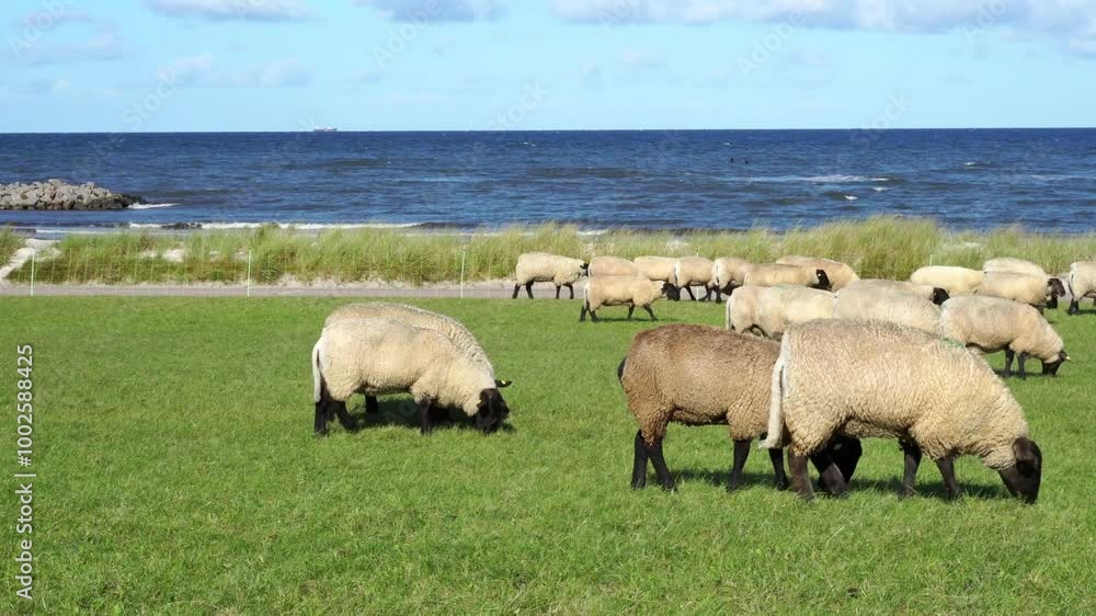 Ostsee Strand im Herbst mit Schafe bei starkem Wind und rauer See Ostsee Strand im Herbst mit Schafe bei starkem Wind und rauer See