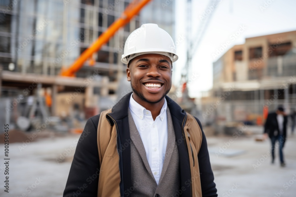 Smiling portrait of a young male African American architect on construction site Smiling portrait of a young male African American architect on construction site