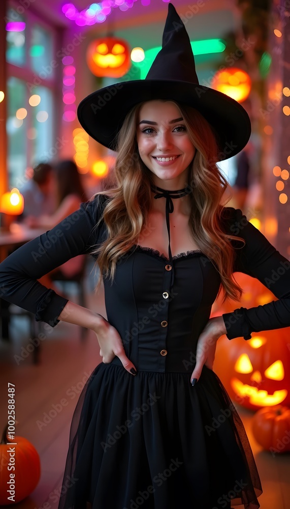 A young woman dressed up as a witch at a Halloween party A young woman dressed up as a witch at a Halloween party