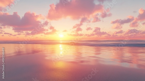 Sunset paints the sky in orange and pink over a serene beach, clear water reflecting the colors