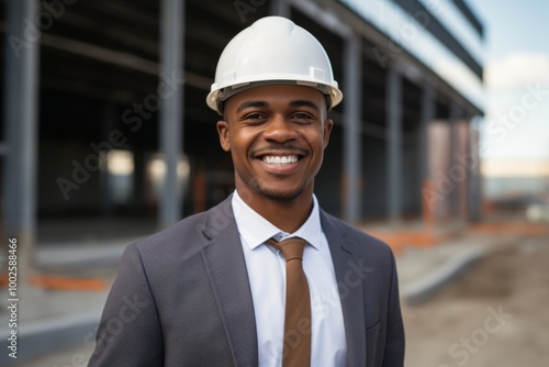 Smiling portrait of a young male African American architect on construction site