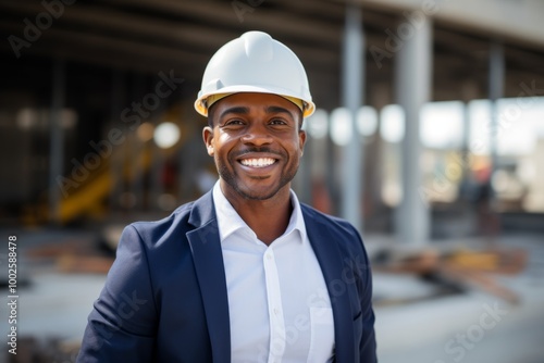 Smiling portrait of a young male African American architect on construction site