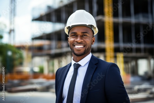 Smiling portrait of a young male African American architect on construction site