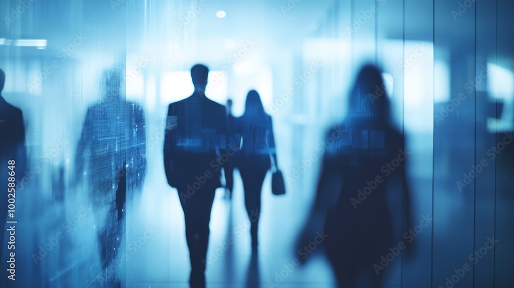 Silhouettes of Business People Walking Through a Glass Wall Silhouettes of Business People Walking Through a Glass Wall