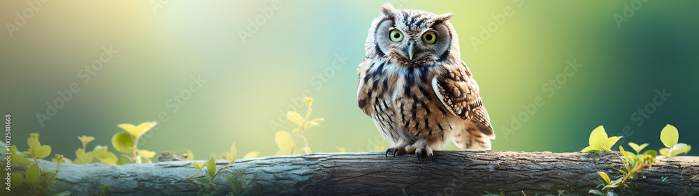 Banner with small owl perched on a log with a soft green and yellow background Banner with small owl perched on a log with a soft green and yellow background