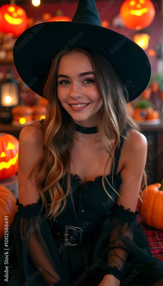 Fototapeta premium A young woman dressed up as a witch at a Halloween party