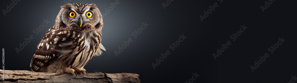 Fototapeta premium Banner with alert owl perched on a log with a dark gradient background