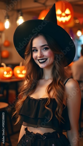 A young woman dressed up as a witch at a Halloween party