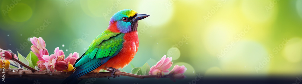 Banner with vibrant rainbow-colored bird perched on a branch with a glowing bokeh background. Minimal design Banner with vibrant rainbow-colored bird perched on a branch with a glowing bokeh background. Minimal design