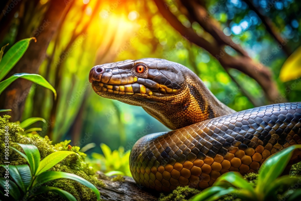 Obraz premium Impressive Titanoboa: The Largest Snake of the Prehistoric Era in a Lush Jungle Environment