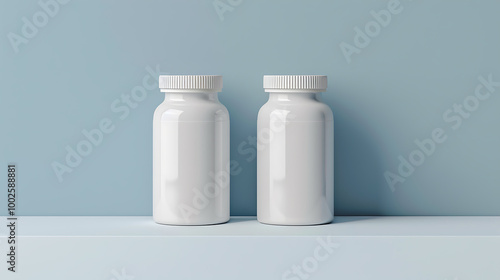 Two white pill bottles with white caps sit on a light blue shelf against a blue background.