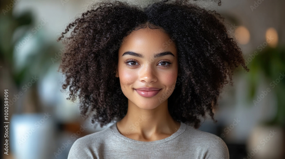 A young woman with vibrant curly hair smiles gently, exuding confidence and joy in a light-filled, welcoming indoor environment A young woman with vibrant curly hair smiles gently, exuding confidence and joy in a light-filled, welcoming indoor environment