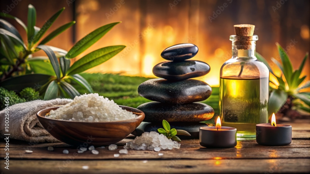 Indulgent Spa Setting with Massage Stones Essential Oils and Sea Salt for Ultimate Relaxation Experience Indulgent Spa Setting with Massage Stones Essential Oils and Sea Salt for Ultimate Relaxation Experience
